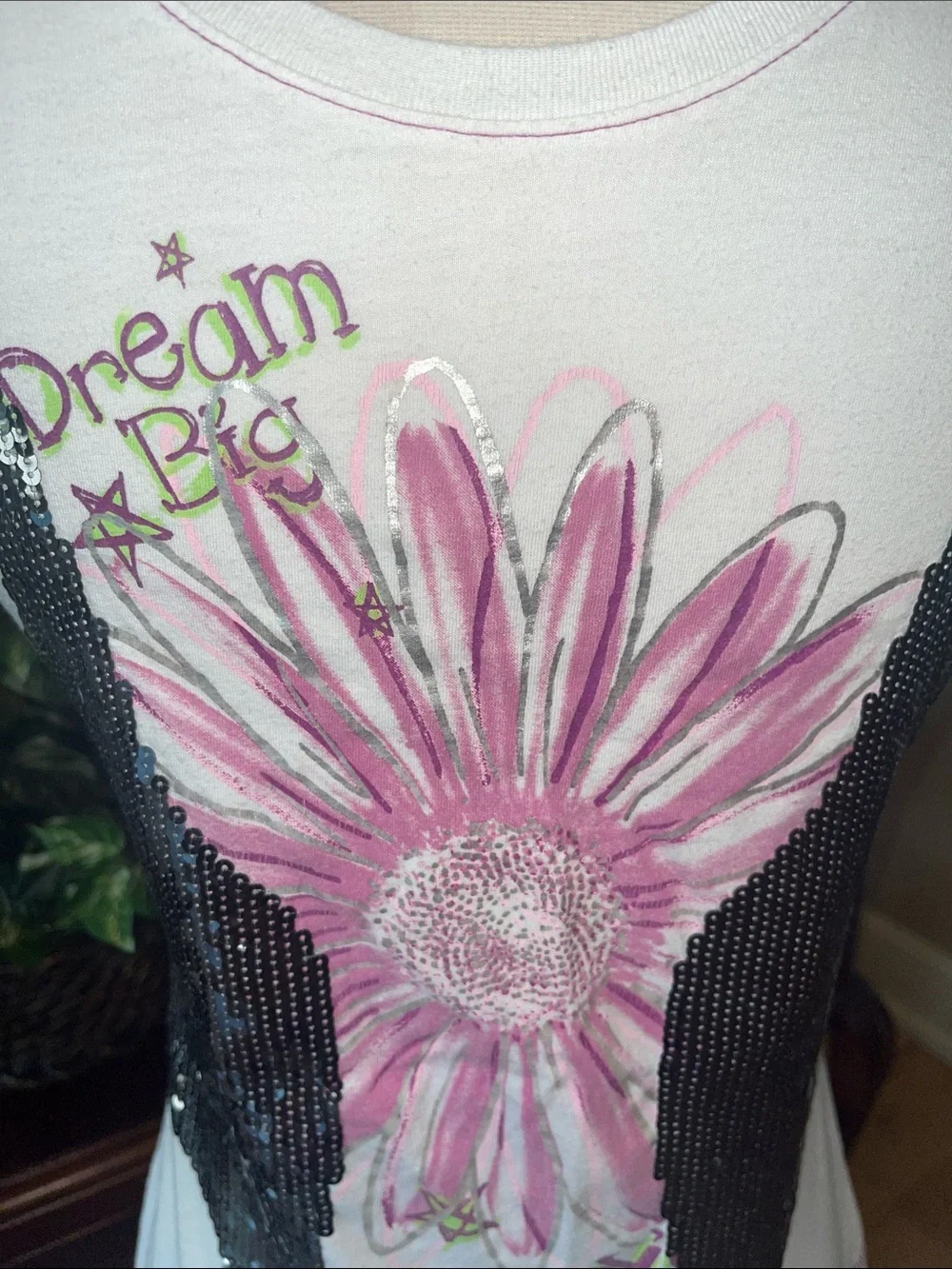Justice Sequined White Tee Flower Dream Big